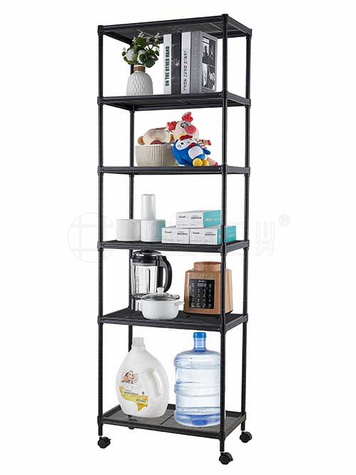 可移動(dòng)黑色拉網(wǎng)置物架 落地鐵藝收納架 金屬家居儲(chǔ)物架 簡(jiǎn)易家用架子 帶輪子 川井（7）
