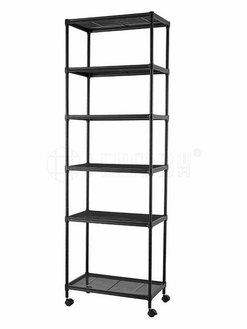 可移動(dòng)黑色拉網(wǎng)置物架 落地鐵藝收納架 金屬家居儲(chǔ)物架 簡(jiǎn)易家用架子 帶輪子 川井（8）