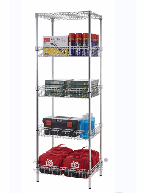 五層鍍鉻線網網籃貨架 落地式金屬可拆卸置物架 五層鍍鉻線網網籃貨架 落地式金屬可拆卸置物架
