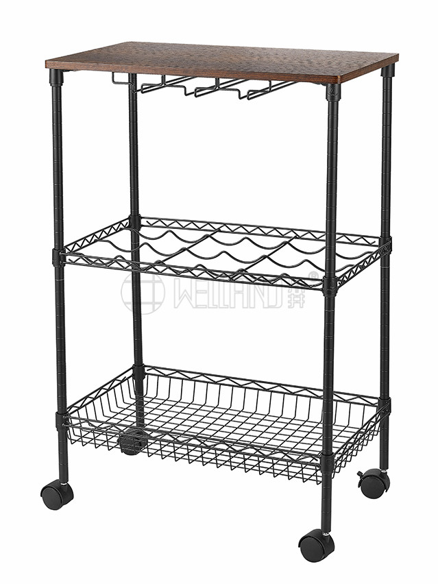 三層復古金屬紅酒小推車 酒店餐飲服務推車 家用工業風 木板小車批發-川井 (2)