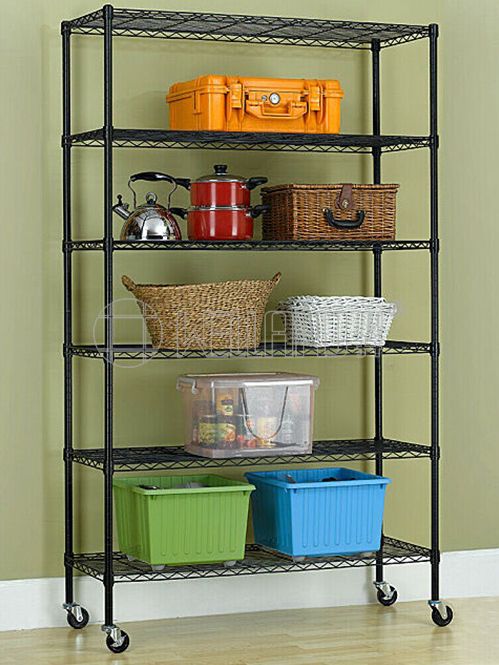 多層帶輪黑色車庫置物架-碳鋼線網貨架可移動-地下室儲物室收納架層架-WELLAND川井-中山常勝