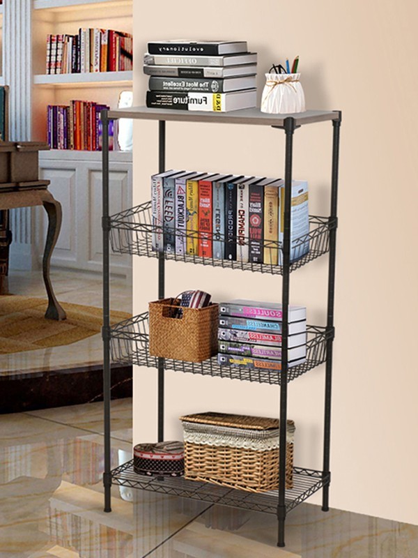 四層鋼木網(wǎng)籃落地置物架 四層鋼木網(wǎng)籃落地置物架