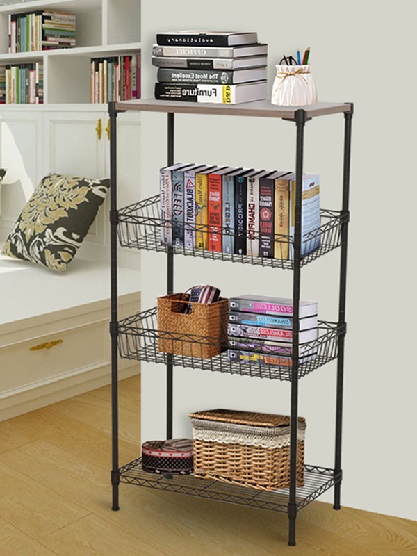 四層鋼木網(wǎng)籃落地置物架 四層鋼木網(wǎng)籃落地置物架